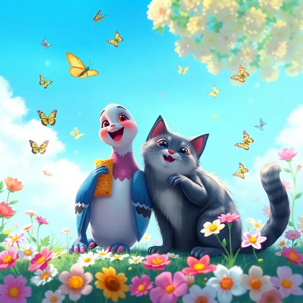 Penny the pigeon and Charlie the cat sitting together, happily sharing snacks under a bright blue sky, surrounded by flowers and butterflies, digital painting, vibrant colors, joyful atmosphere, high quality