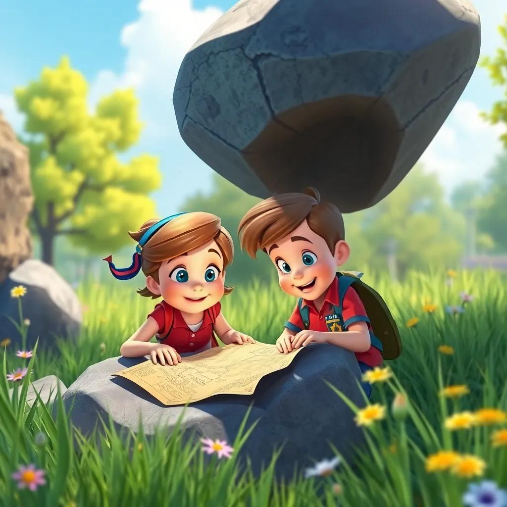Penny and Charlie eagerly looking at a treasure map under a rock in a sunny park, with tall grass and wildflowers around them, cheerful and adventurous vibe, colorful, bright lighting, inviting, detailed