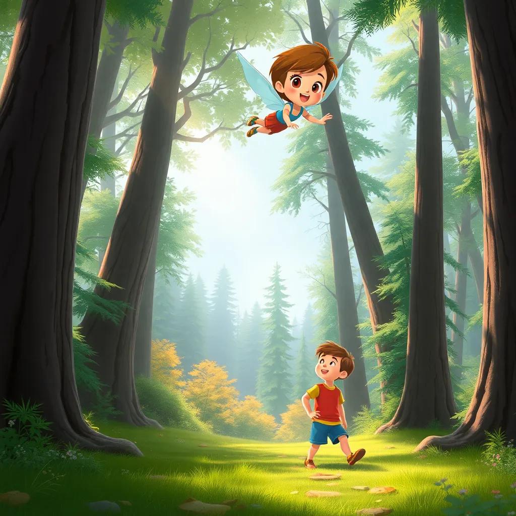 Penny and Charlie happily exploring the woods, with tall trees around them, Penny flying above while Charlie walks below, both filled with excitement, digital art, vibrant colors, fantasy feeling, high quality