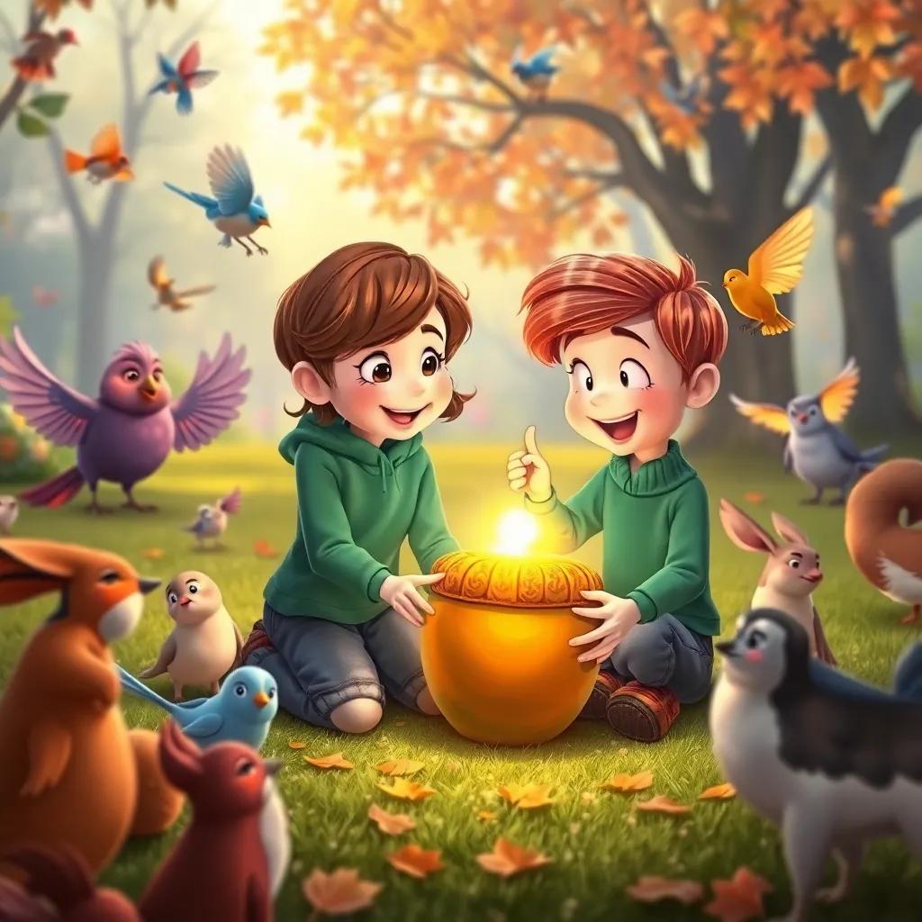 Penny and Charlie playing with the shiny golden acorn surrounded by joyful birds and playful animals in the park, capturing their essence of friendship, colorful, heartwarming scene, child-friendly, vibrant