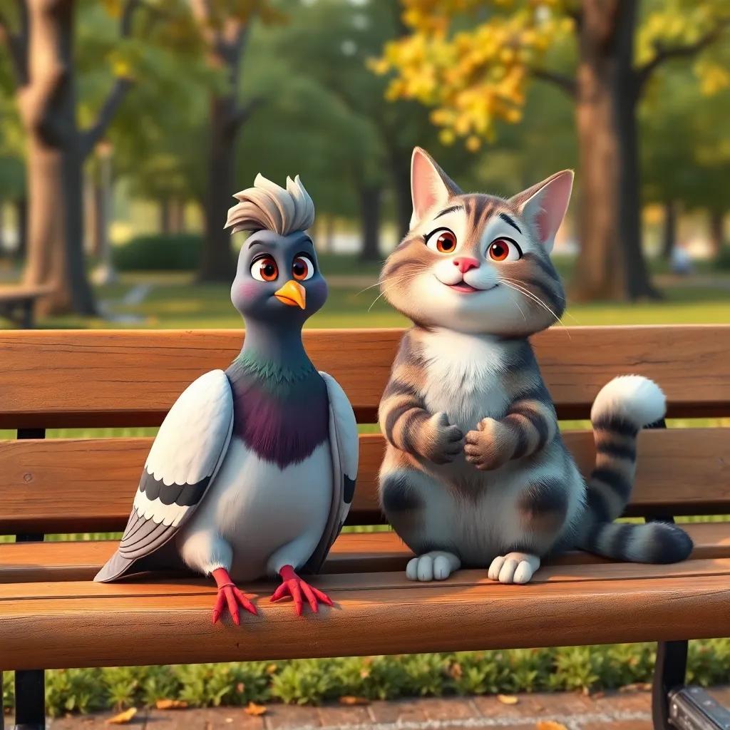 Penny, the brave pigeon, and Charlie, the clever cat, sitting together on a park bench, sharing their adventures with other animals in the park, showcasing friendship, positive vibes, detailed, warm colors