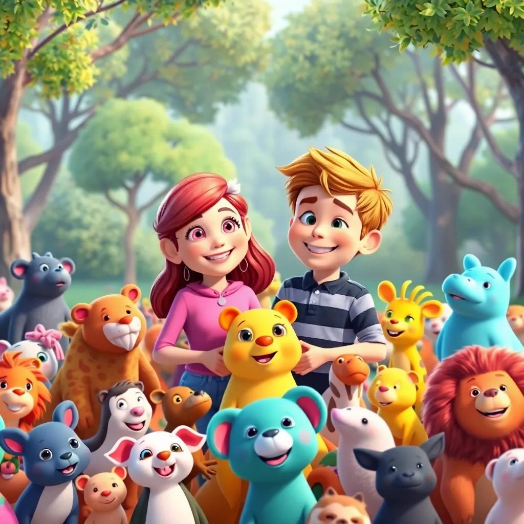 Penny and Charlie happily surrounded by friends, symbolizing diversity and togetherness in the park, colorful animals of all shapes and colors, joyful atmosphere, uplifting and friendly art style, high quality