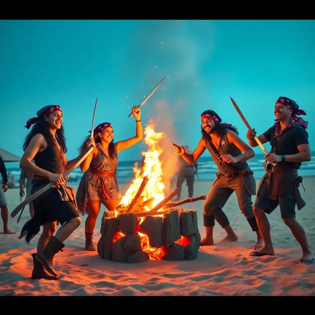 A lively scene of pirates dancing around a bonfire, wearing colorful bandanas and swords, a young woman and a young man laughing and joining in, surrounded by sparkling treasure on a sandy beach, cheerful, adventure-themed, child-friendly