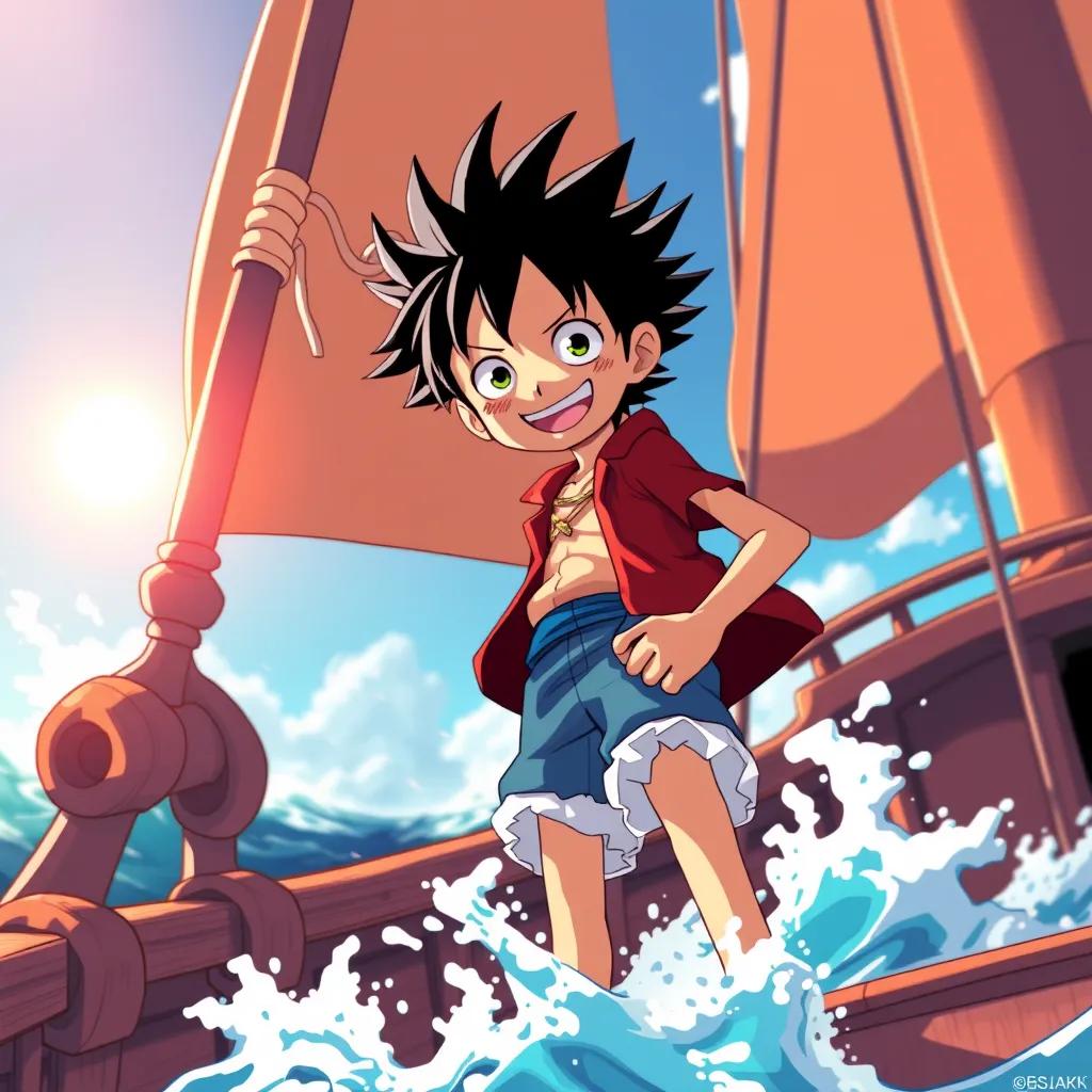A young boy named Luffy, with black spiky hair, wearing a red shirt and blue shorts, standing on a pirate ship at sea, with a bright sun shining and waves splashing around, digital art, vibrant colors, adventurous atmosphere, high quality