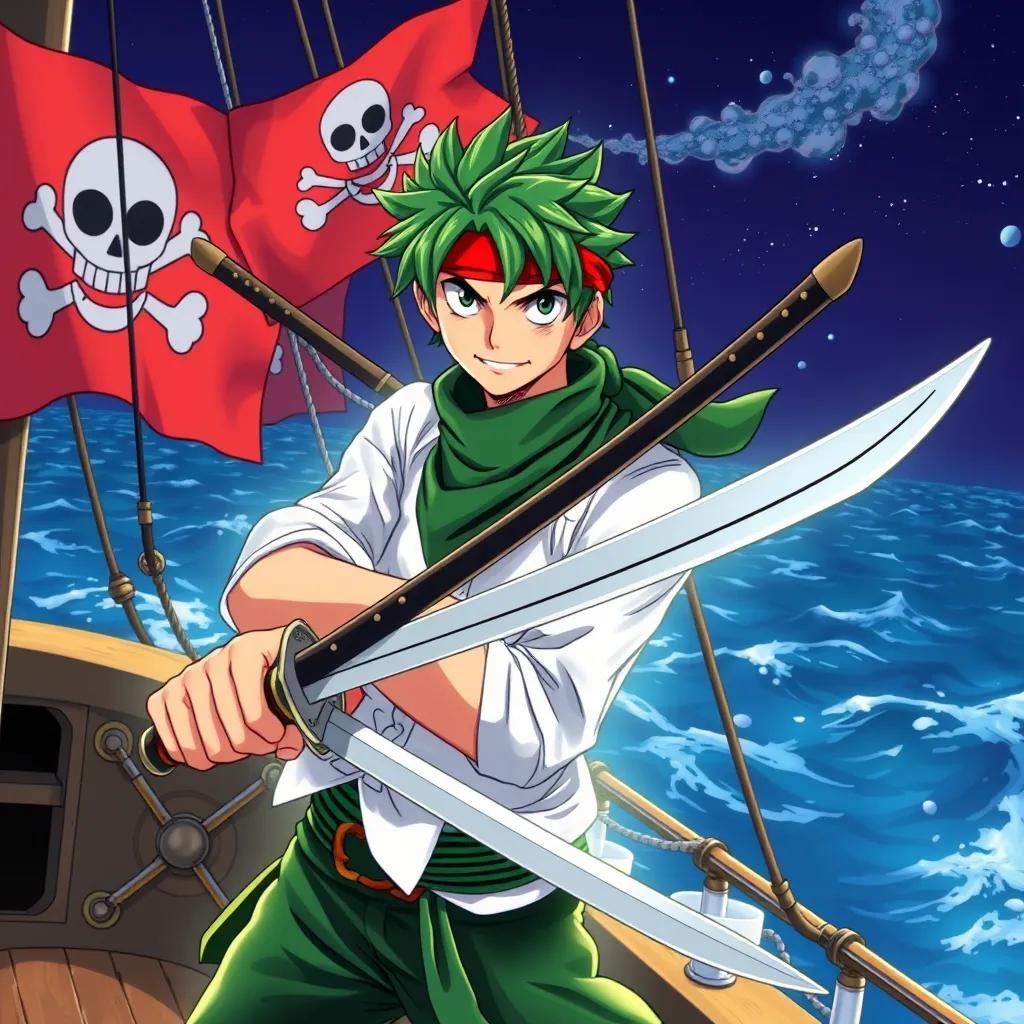 A brave swordsman named Zoro, with green hair, wearing a green bandana and a white shirt, posing with his swords on the deck of the ship, surrounded by pirate flags and the vast ocean, illustration, heroic, action-themed, child-friendly