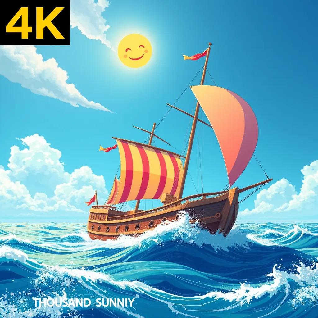The Thousand Sunny ship sailing on the open ocean, with colorful sails and a smiling sun in the sky, waves crashing against the hull, lively scene filled with adventure, digital painting, bright and cheerful, uplifting