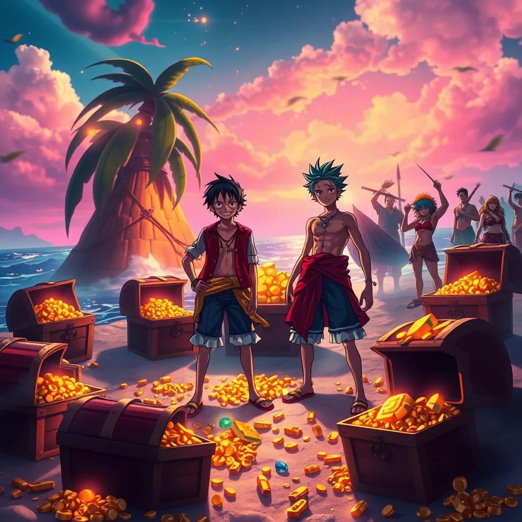 Luffy and Zoro standing on an island, surrounded by treasure chests filled with gold and jewels, celebrating with their crew, in a joyful and festive atmosphere, colorful, warm light, fantasy