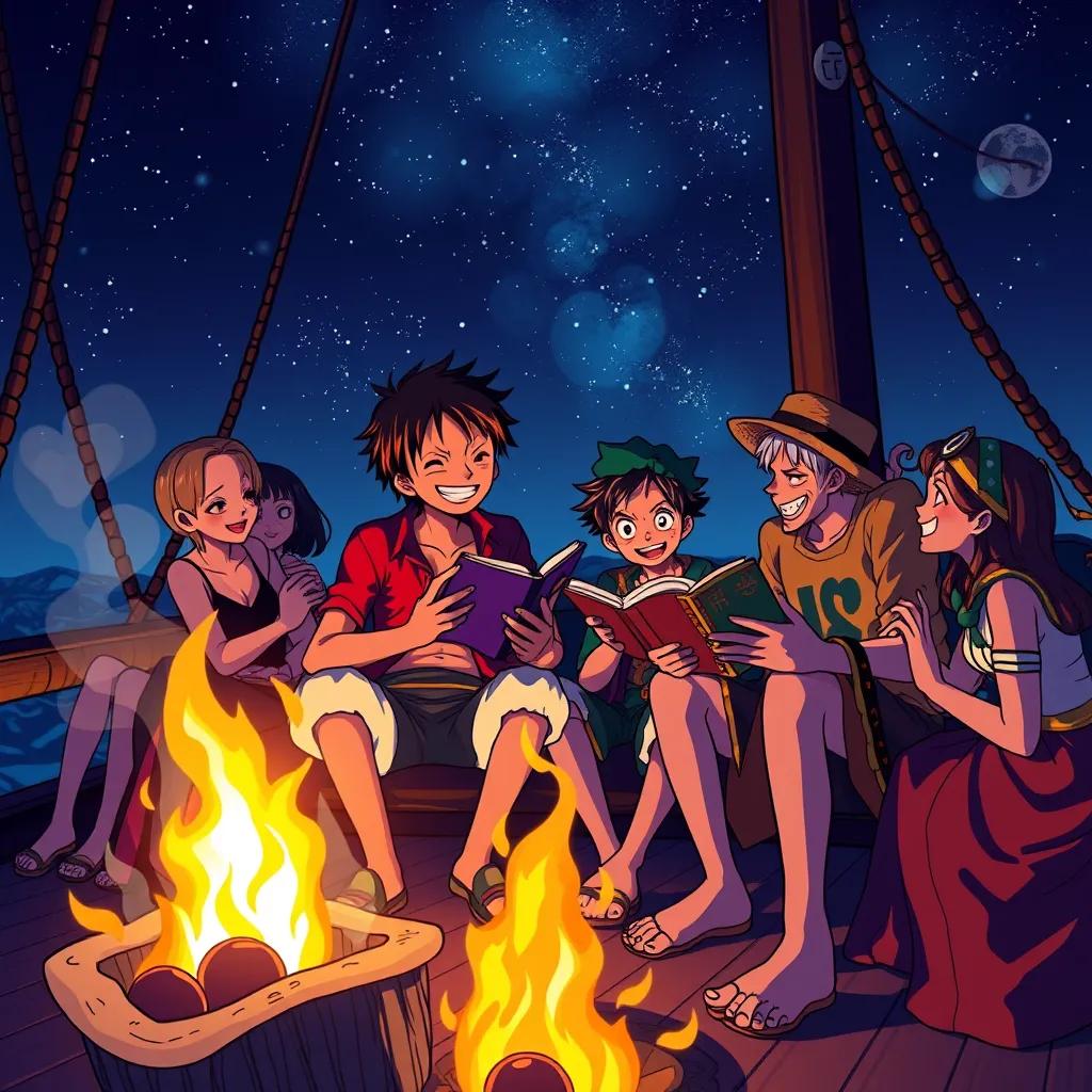 Luffy and Zoro with their crew celebrating under the stars on the ship, sharing stories of their adventures, with a cozy fire, laughter, and happy faces, heartwarming, rich colors, magical night