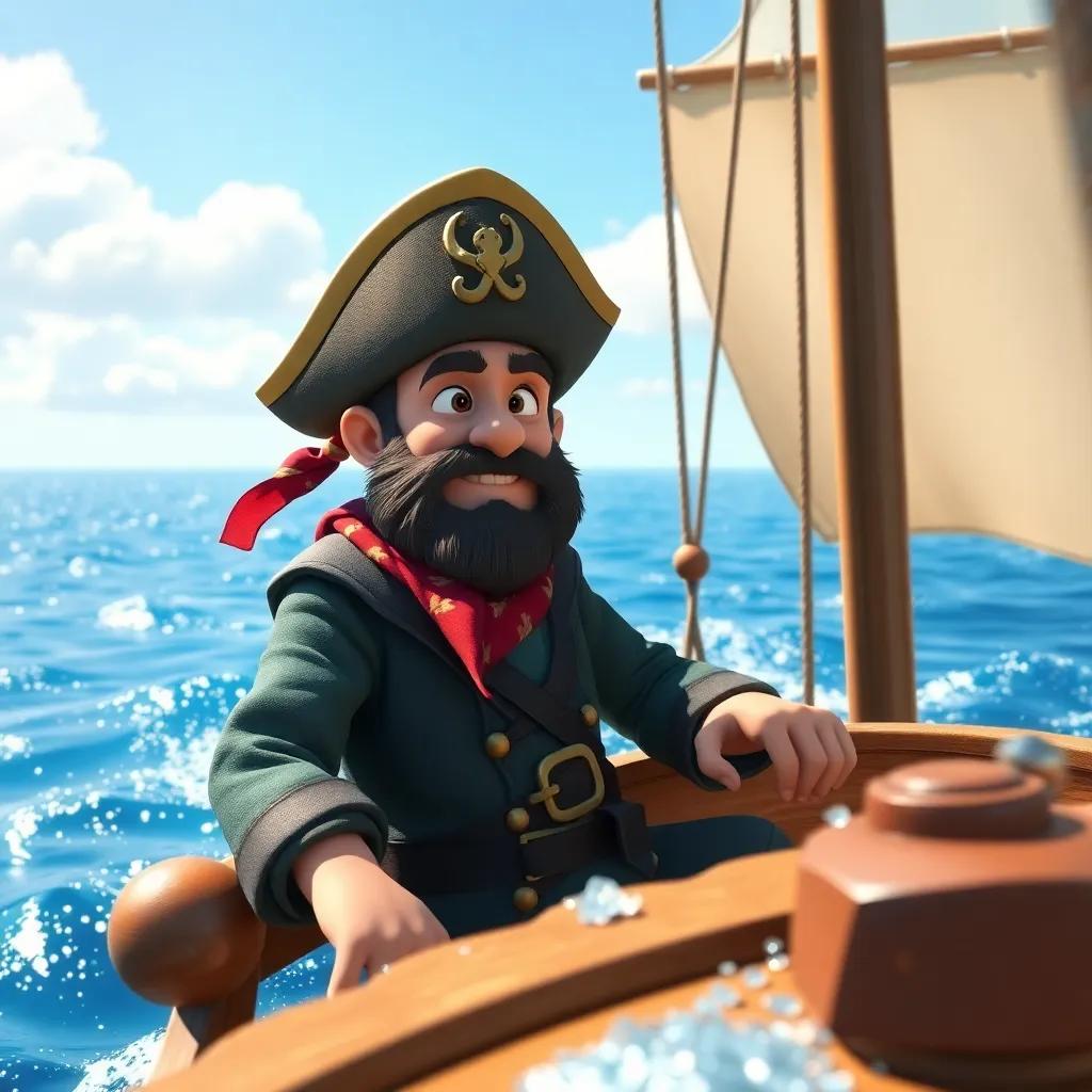 A pirate named Captain Zar, with a rugged appearance and a colorful bandana, sailing his ship, the Glimmering Galleon, on sparkling blue waters, digital art, bright colors, lively atmosphere, high quality