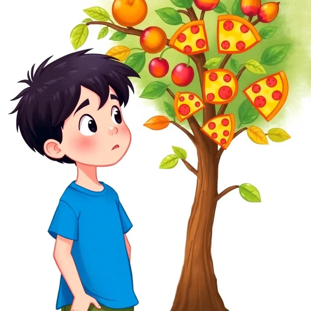 A young boy, Max, with short black hair, in a blue t-shirt, standing next to Bella, looking amazed at the pizza tree with slices of pizza like fruit, vibrant colors, whimsical style, high quality