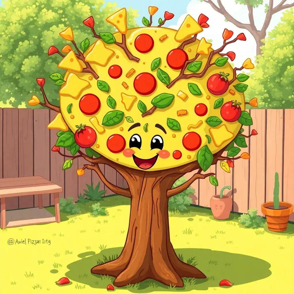 A whimsical pizza tree with cheesy branches, pepperoni, and vegetables, colorful leaves, shaking with a friendly face, in a sunny backyard, digital illustration, bright and cheerful, fun atmosphere, high quality