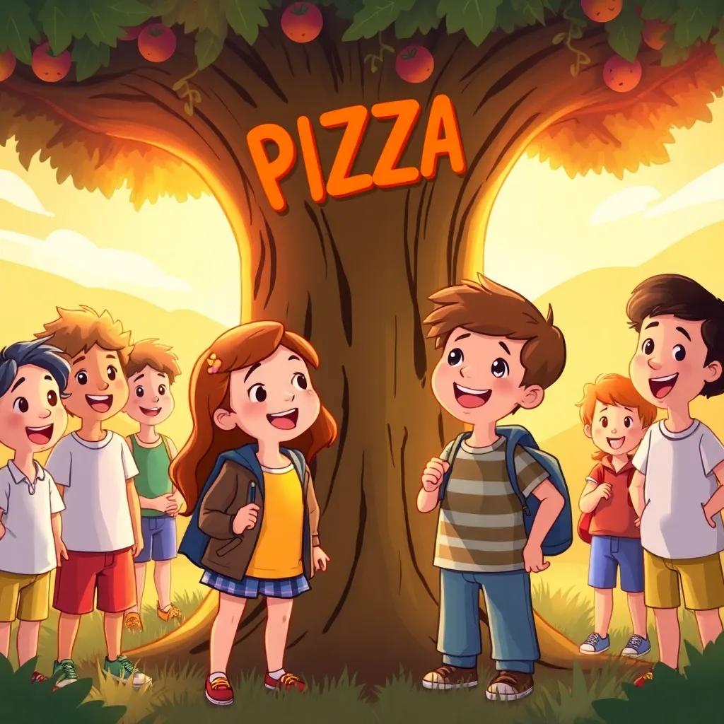 Bella and Max, smiling, standing under the pizza tree that speaks, with their friends around, everyone looking excited and happy, warm light, colorful region, digital art, joyful scene, high quality