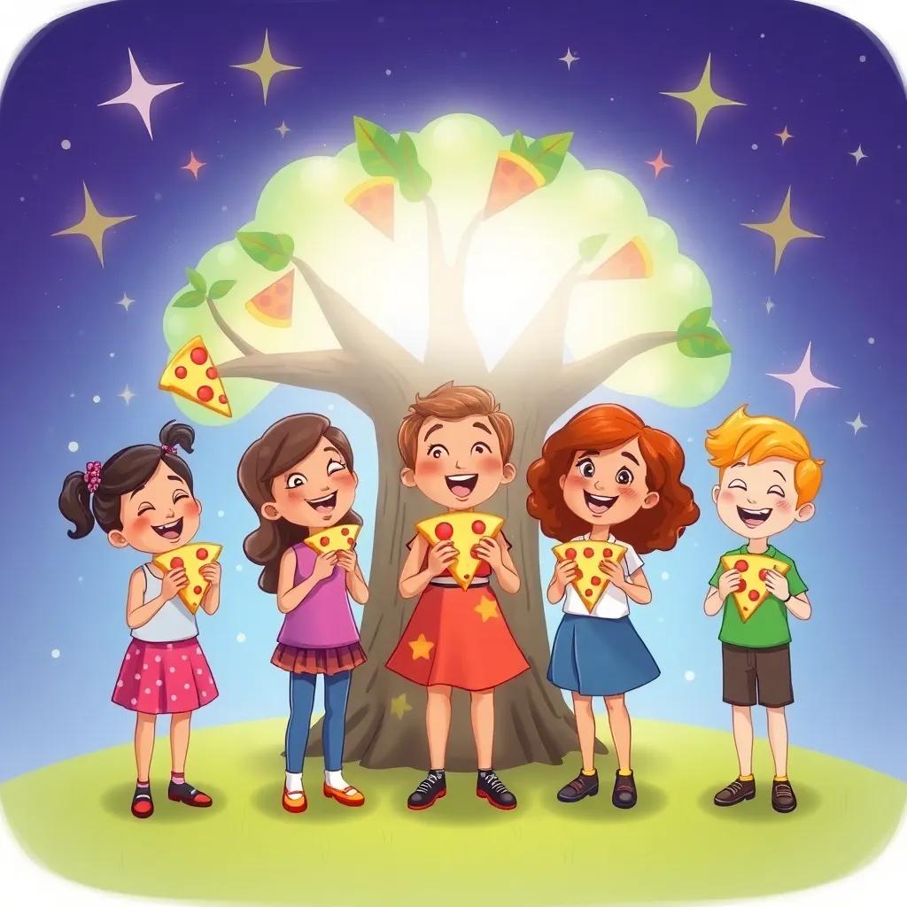 Bella and her friends singing a pizza song in front of the pizza tree, everyone holding slices with smiles, magical background with sparkling stars, cheerful digital illustration, high quality