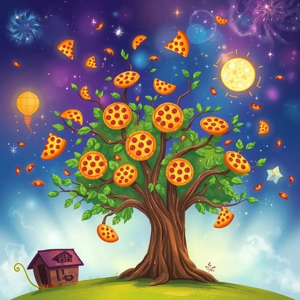 The pizza tree with branches filled with pizza hovering in the air, magical wonders in the background, colorful and dreamy, child-friendly fantasy scene, digital art, high quality