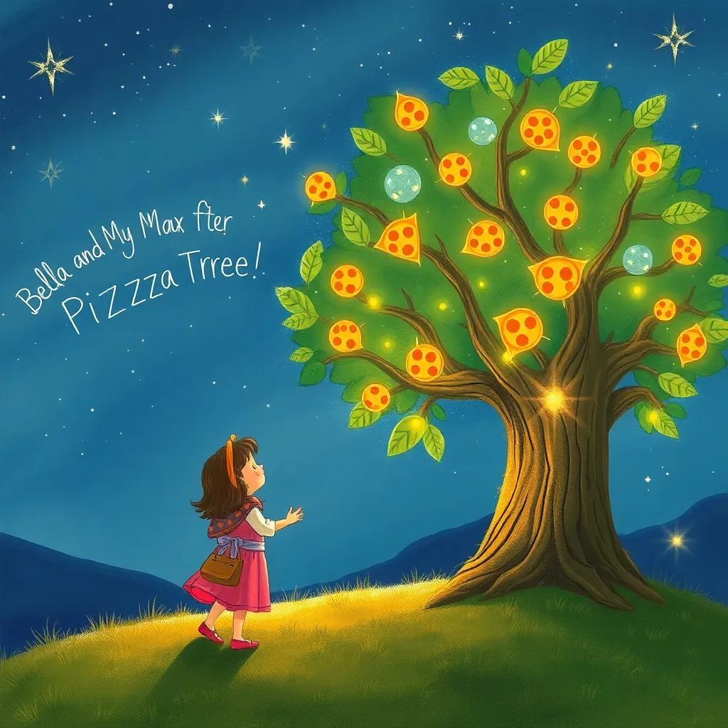 Bella and Max saying goodbye to the pizza tree under a starry night with a glowing tree, full of pizza, shimmery lights, heartwarming vibe, high quality