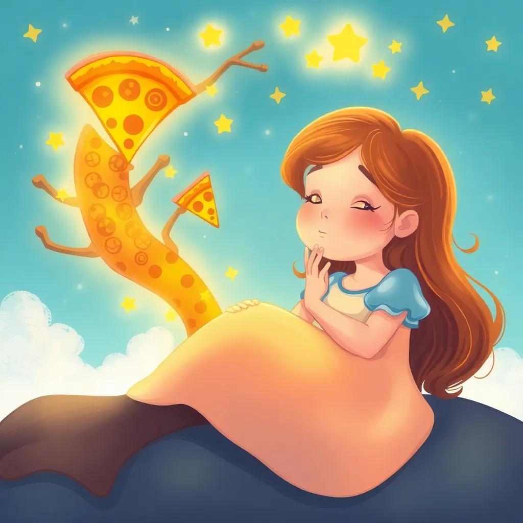 Bella dreaming of a magical pizza tree with floating pizza slices, colorful and enchanting with little stars, soft colors and a cozy feel, digital art, high quality