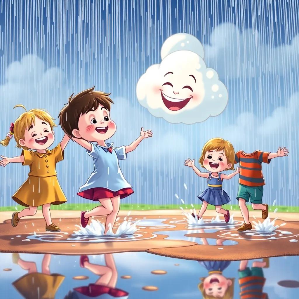 Children dancing in the rain, their faces full of joy, splashing in puddles as Charlie the cloud laughs, bright colors, detailed, animation style, high quality