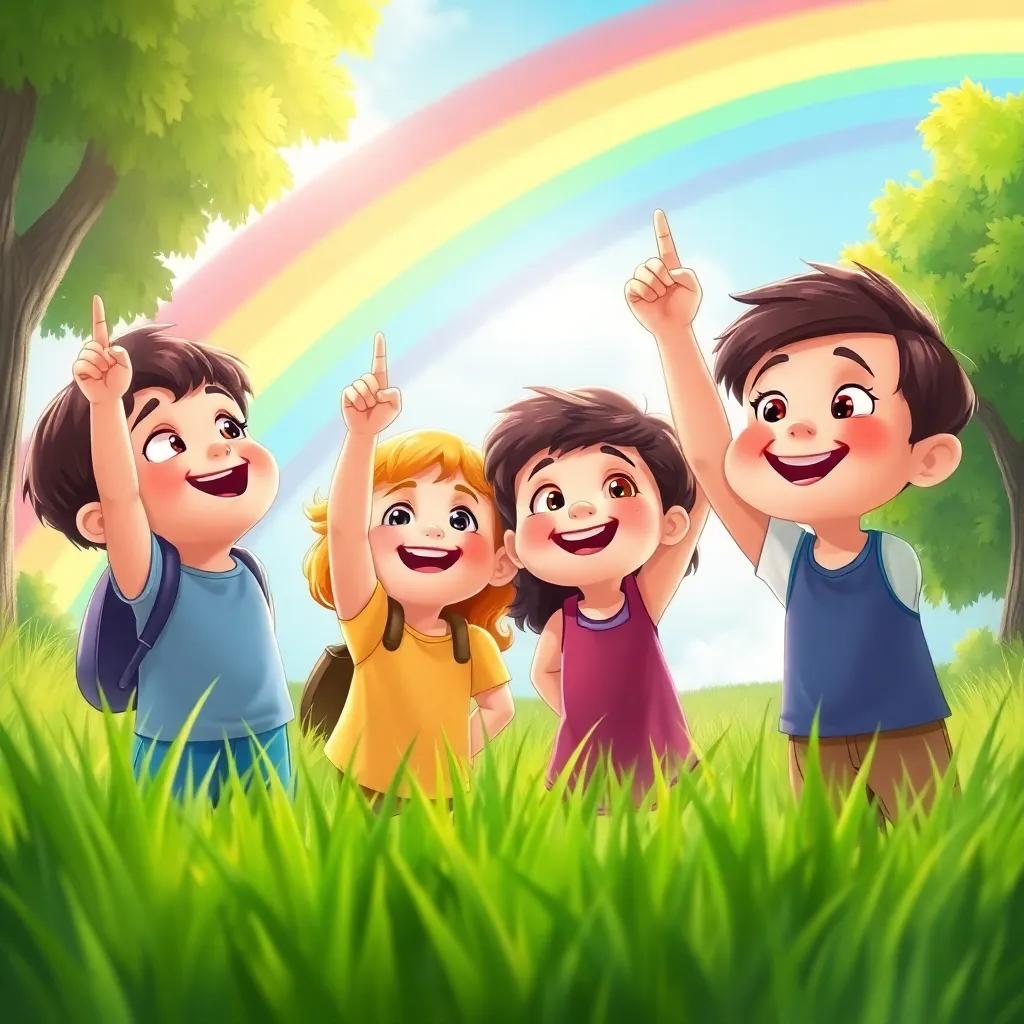 Children pointing up in wonder at the rainbow, their faces filled with joy, surrounded by green grass and trees, bright and cheerful, detailed, child-friendly illustration