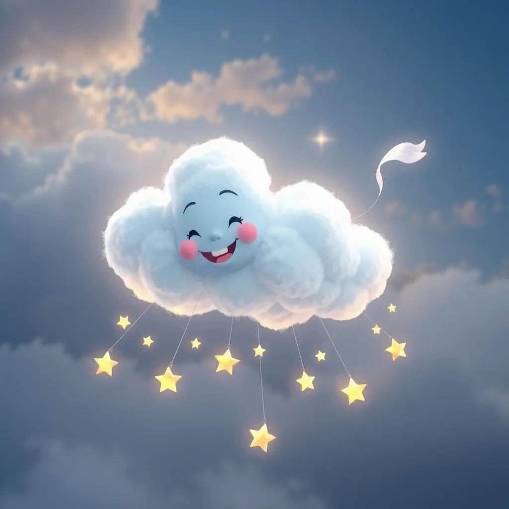 Charlie the cloud, blowing a gentle breeze, as little clouds shaped like stars float down to the ground, magical, colorful, joyful atmosphere, high quality