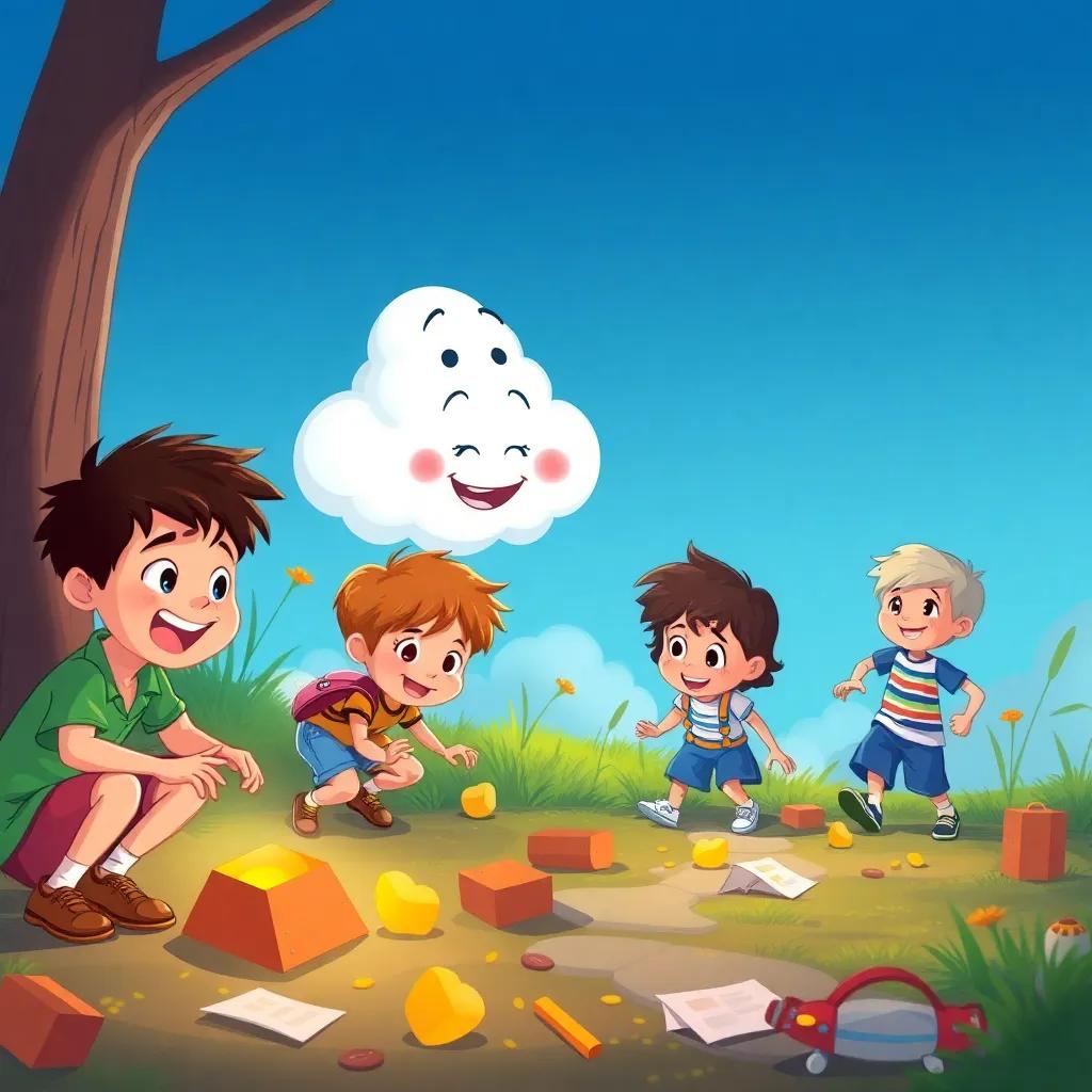 Children eagerly searching for treasures on the ground, following clues with excitement, Charlie the cloud watching over them with a playful smile, fun and joyous scene, bright colors, digital illustration