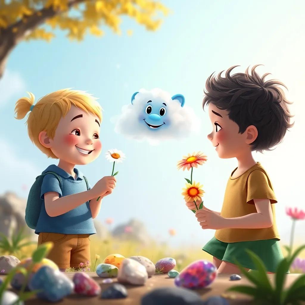 Children with shiny stones and pretty flowers in their hands, smiling and sharing with each other, with Charlie the cloud floating nearby, warm and inviting, colorful art, high quality