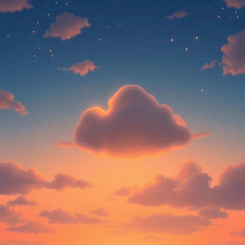 A sunset sky with Charlie the cloud bidding goodbye, glowing warmth as the stars begin to twinkle, soft colors, magical and tender, high quality illustration