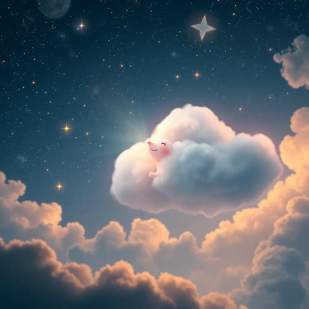 Charlie the cloud whispering to the stars in the night sky, reminding everyone of happiness, magical atmosphere, serene and dreamlike, detailed digital art