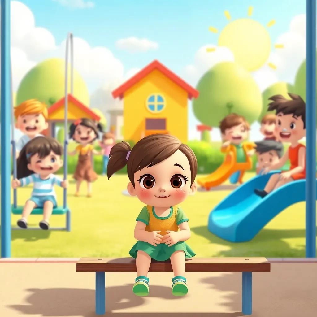 A sunny playground filled with laughing children playing on swings and slides, one girl sitting alone on a bench with big brown eyes and tears on her cheeks, cheerful atmosphere, vibrant colors, playful view, child-friendly illustration
