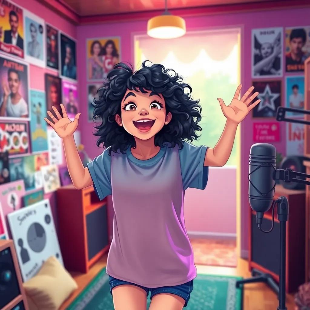 A cheerful girl, Annissa, with curly black hair, wearing a colorful t-shirt, jumping in excitement in a cozy room filled with posters and a big microphone, digital art, vibrant colors, lively atmosphere, high quality