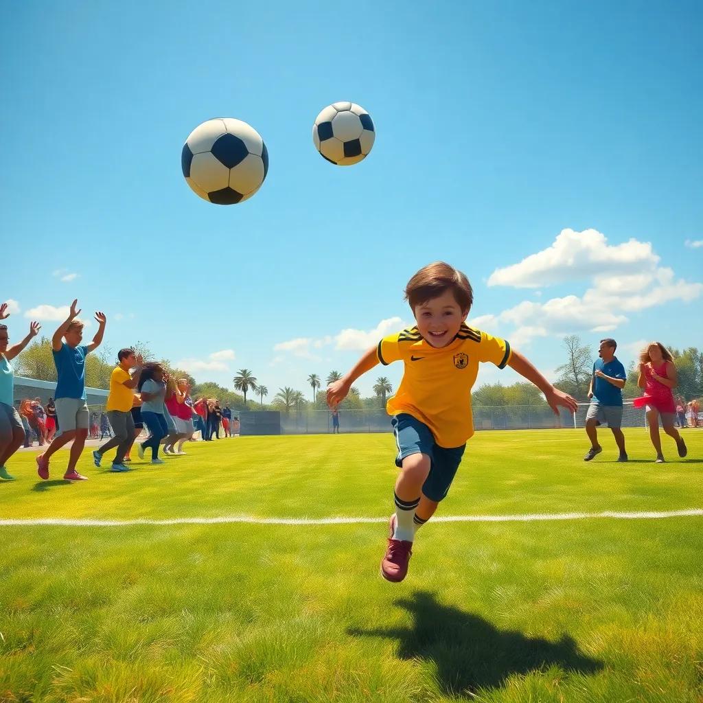 A confident boy, Leo, running onto a soccer field with a big smile, kicking a ball that soars through the air, surrounded by cheering friends, bright daylight, joyful scene, high quality