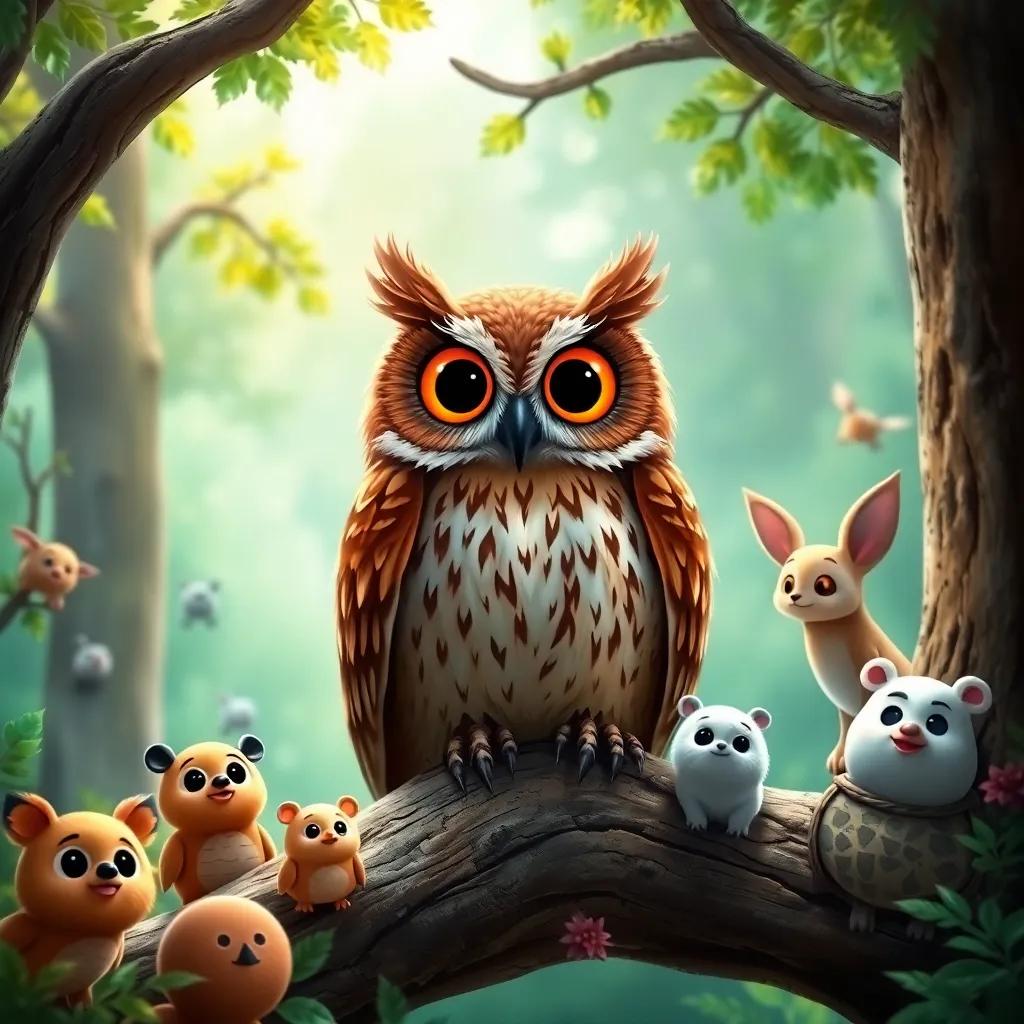 An owl named Oliver, a wise brown owl with large round eyes sitting on a tree branch, surrounded by curious animals in a green forest, digital art, vibrant colors, inviting atmosphere, high quality