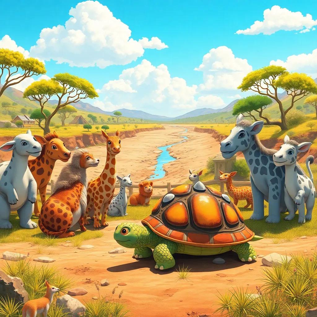 A group of animals gathered in a sunny clearing, looking at the dried riverbed, with Toby the tortoise in the foreground, colorful, cheerful scene, child-friendly illustration, bright sky, high quality