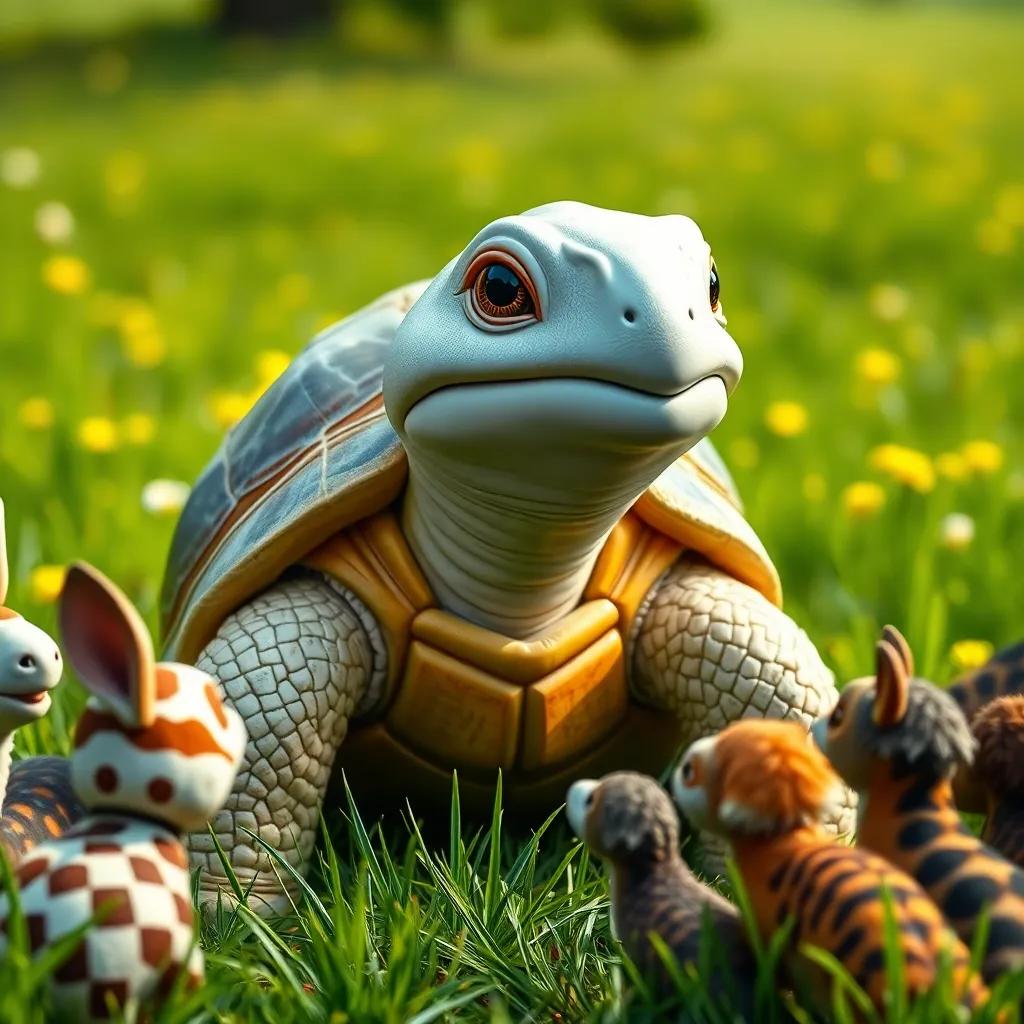Toby the tortoise with a determined look, speaking to the gathered animals who are listening intently, grassy meadow backdrop, optimistic colors, storytelling view, engaging perspective, high quality