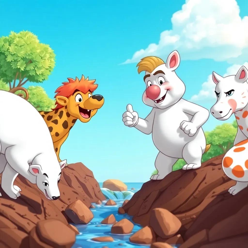 Animals digging around the riverbed, Toby directing them with a determined expression, clear blue sky and teamwork spirit, fun and energetic illustration, colorful, high quality