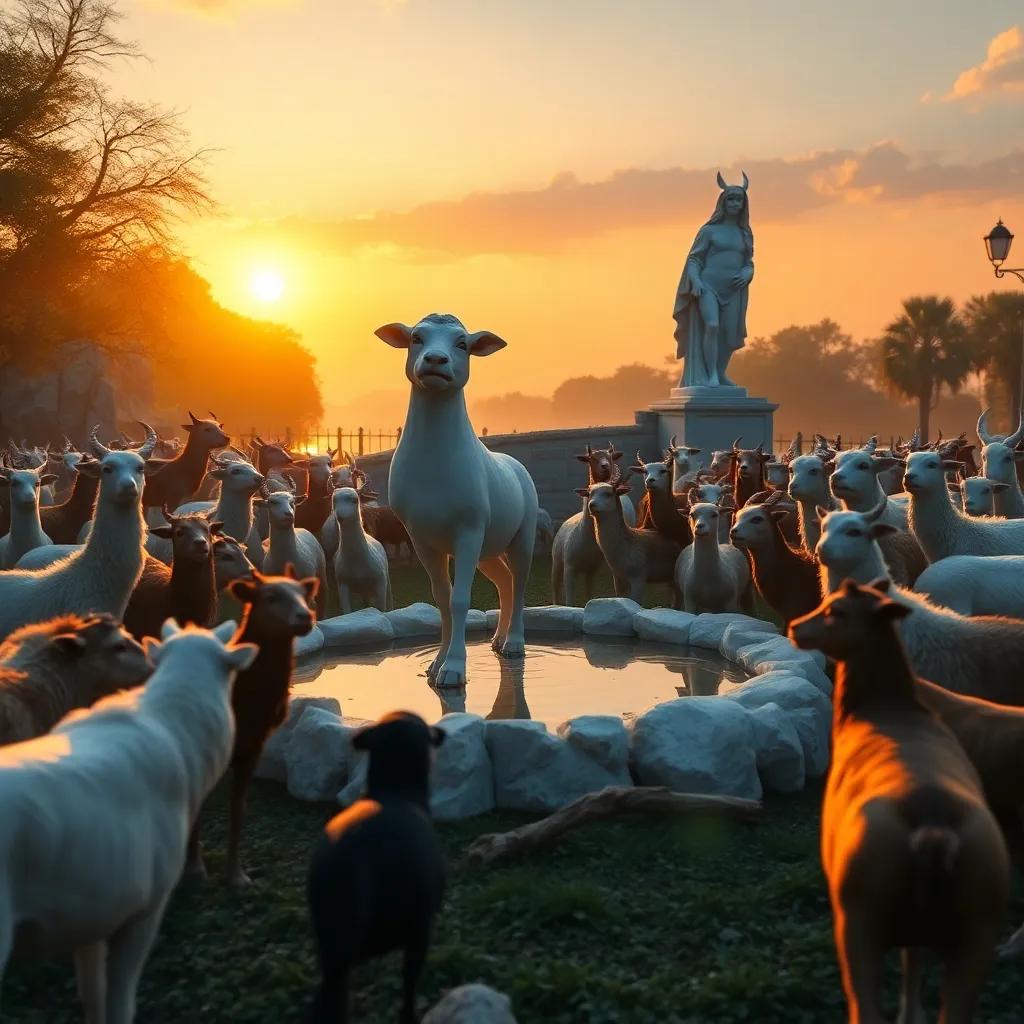 Sunset scene with a newly formed pond glistening, animals celebrating around it, Toby standing proudly, warm light reflecting off water, joyful atmosphere, happy gathering, high quality
