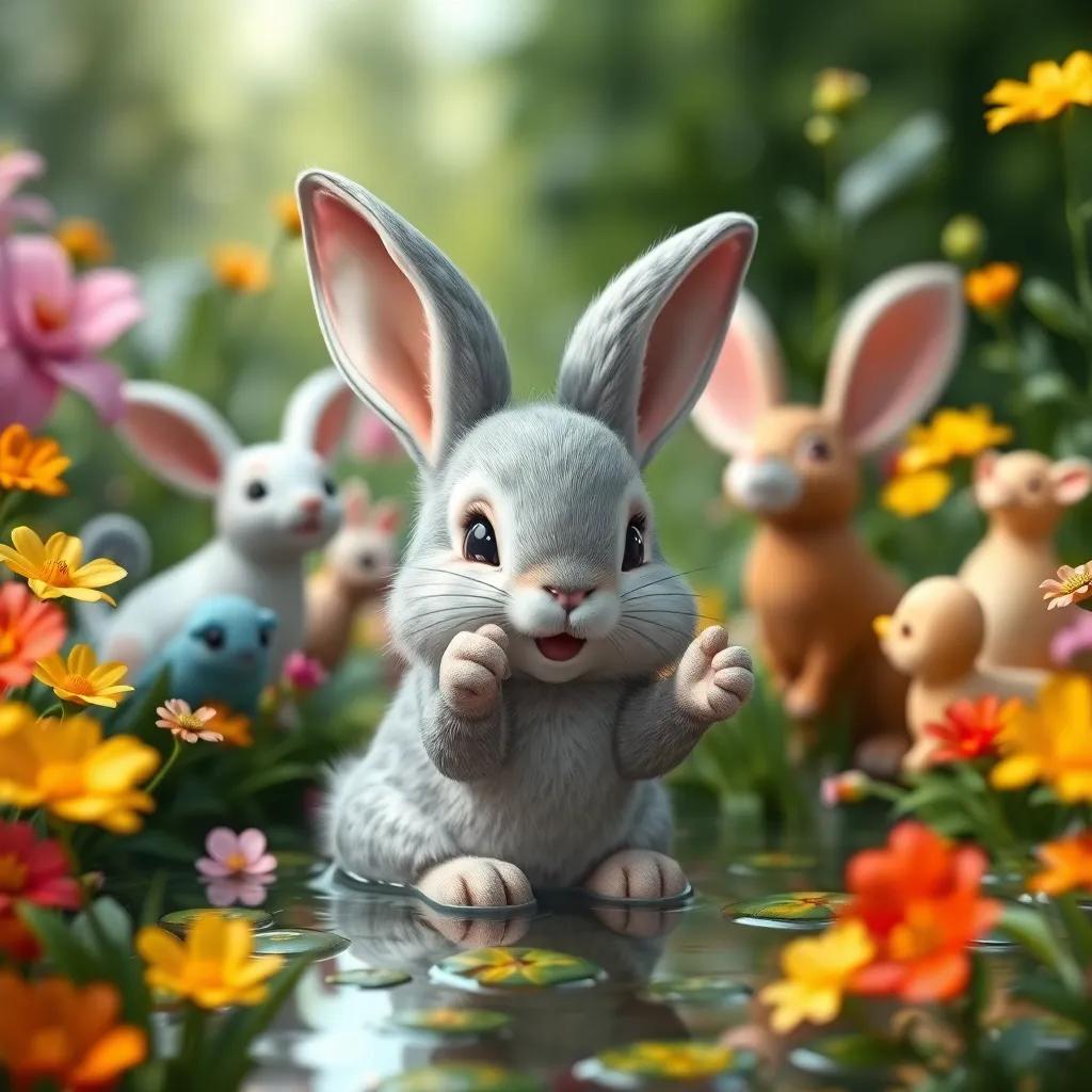 Bella the bunny, a small gray rabbit, inviting animals for a pond party, surrounded by flowers and greenery, cheerful colors, joyful celebration, digital art, high quality