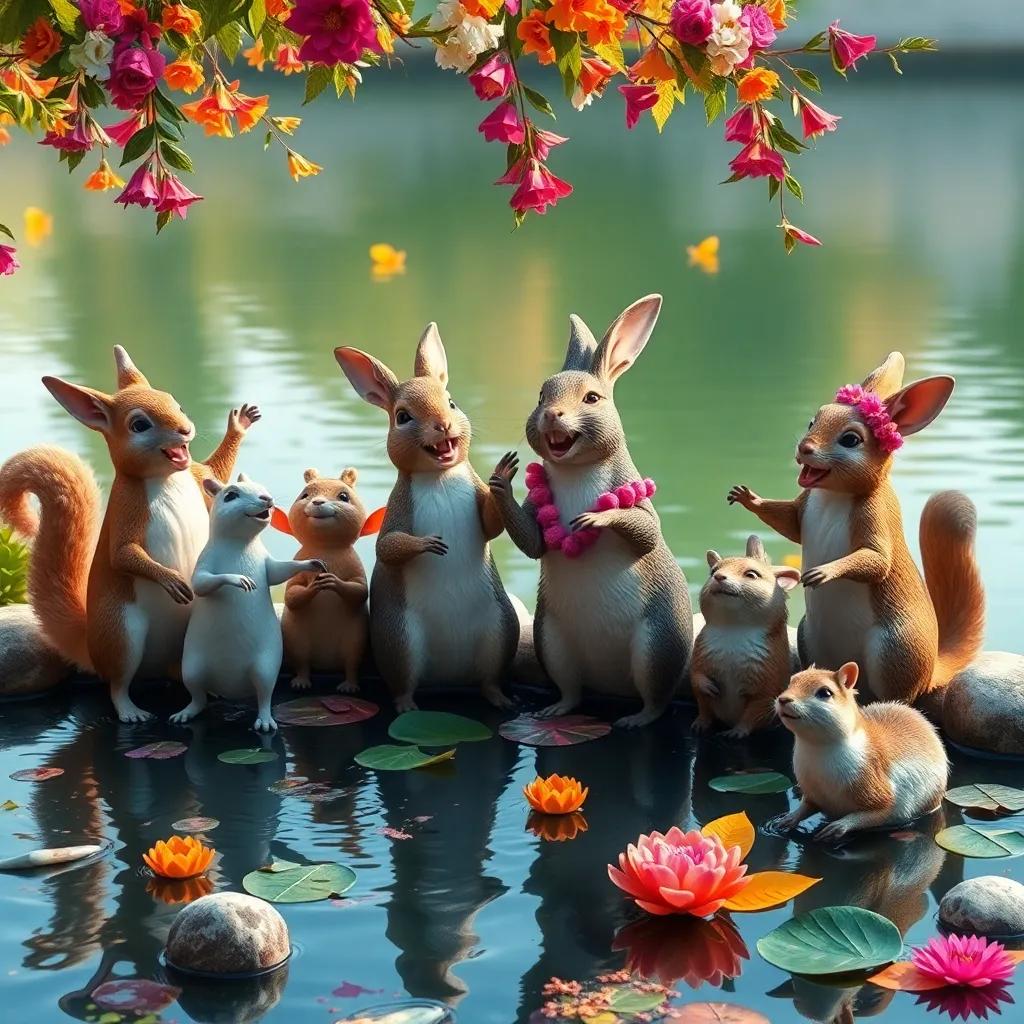 A joyful party by the pond, animals dancing together, decorations made of flowers and leaves, bright colors contrasting the tranquil water, happy emotions, vibrant atmosphere, high quality
