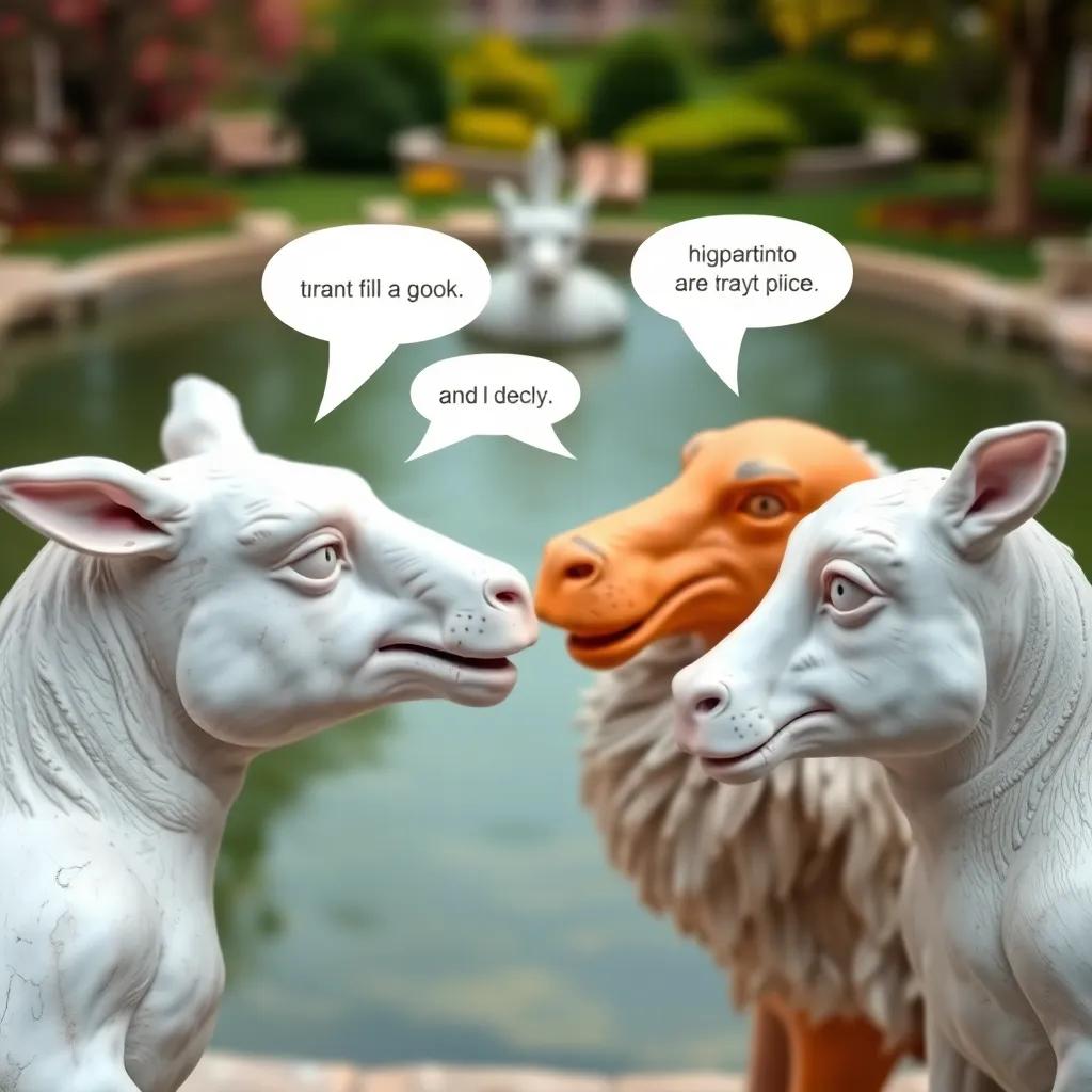 A close-up view of animals sharing simple phrases, the pond in the background, showing expressions of happiness and understanding, bright and lively colors, engaging perspective, high quality