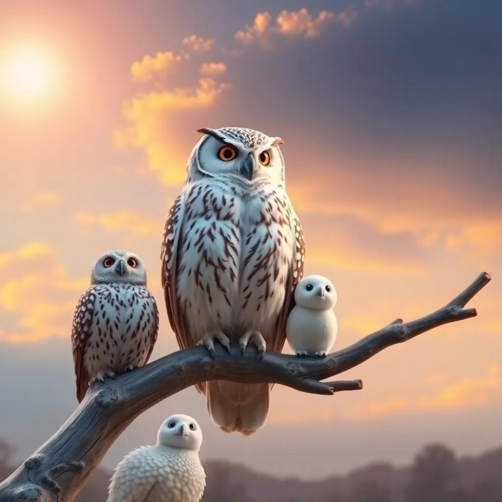 Oliver the owl sitting proudly on a branch, watching over the joyful animals, glowing sunset, peaceful and satisfying feel, with hints of golden light, high quality