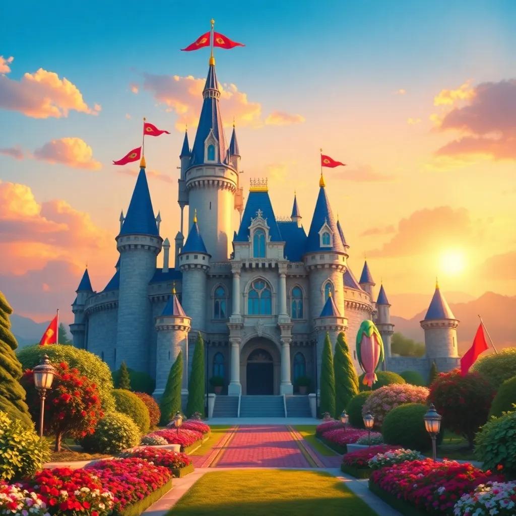A grand castle in a beautiful kingdom, with flags waving, lush gardens, and a sunset sky, digital art, bright colors, magical atmosphere, inviting and warm.