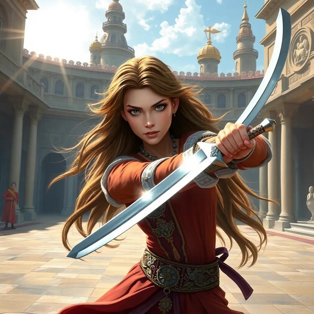 A fierce young princess named Lila with long, flowing hair, practicing swordplay in a grand palace courtyard, sun shining on her brave face, detailed digital art, colorful, vibrant scene, lively atmosphere, high quality