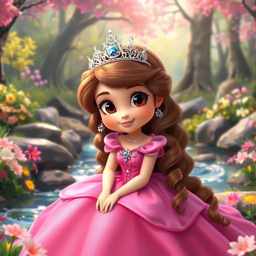 A spoiled princess with long, curly brown hair, wearing a sparkling tiara and a beautiful pink gown, sitting by a shimmering brook surrounded by colorful flowers, enchanted forest background, digital art, bright and cheerful, whimsical atmosphere, high quality