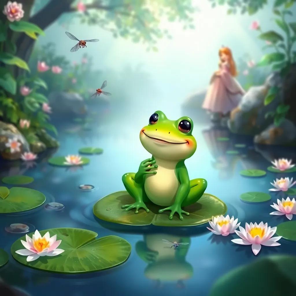A green frog speaking to the princess, with a gentle smile, sitting on a lily pad in the brook, surrounded by dragonflies and water lilies, fantasy illustration, magical scenery, inviting atmosphere, vibrant colors, high quality