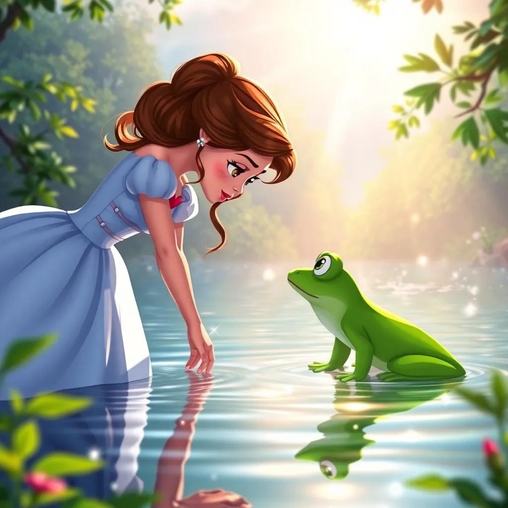 The princess bending down to kiss the frog, with a gasp of surprise, sunlight sparkling on the water, trees framing the scene, captivating moment, bright and colorful, magical digital art, heartwarming feel, high quality