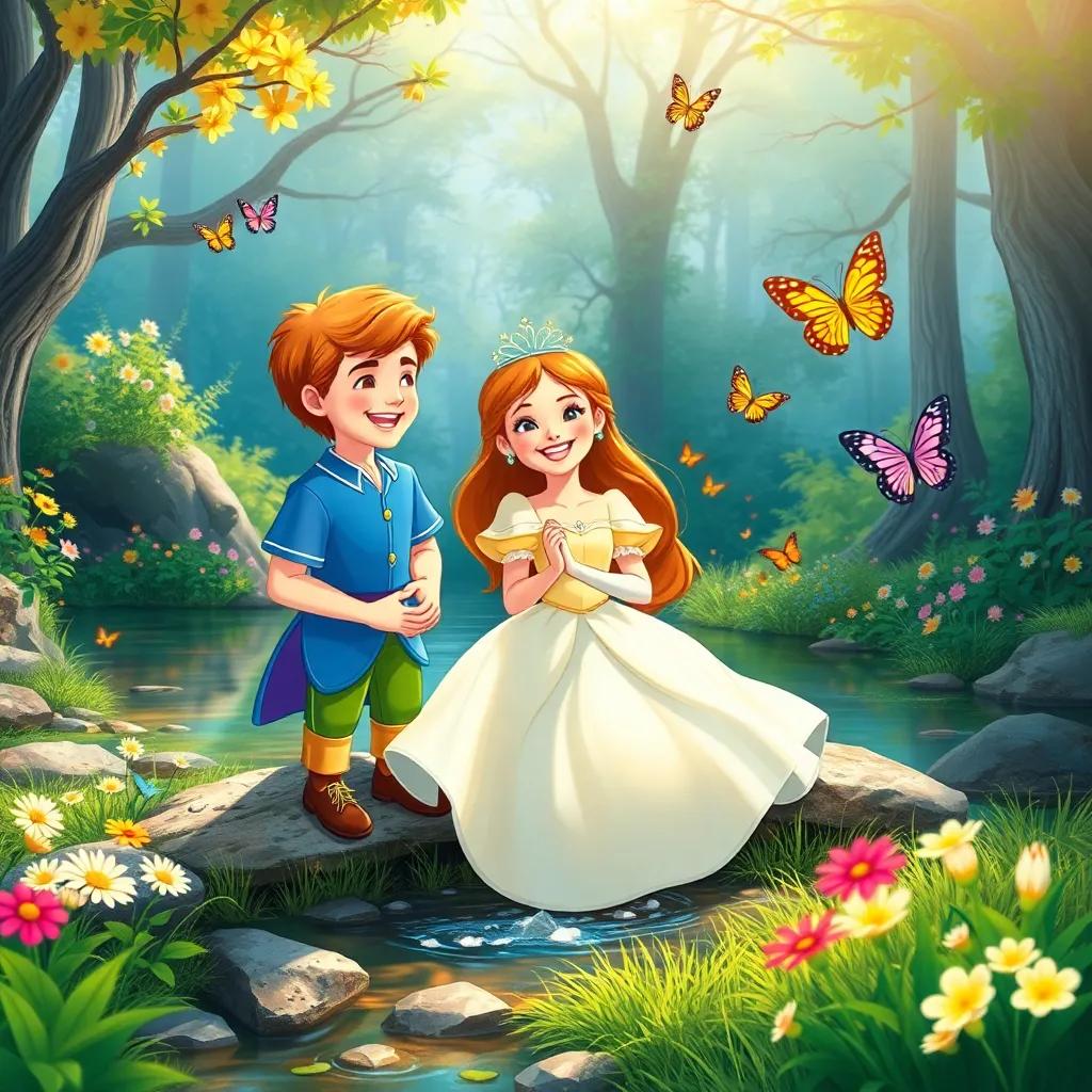 The princess and the prince playing together by the brook, both laughing with joy, colorful butterflies fluttering around them, enchanting forest filled with flowers and sunshine, whimsical illustration, happy atmosphere, vibrant colors, high quality
