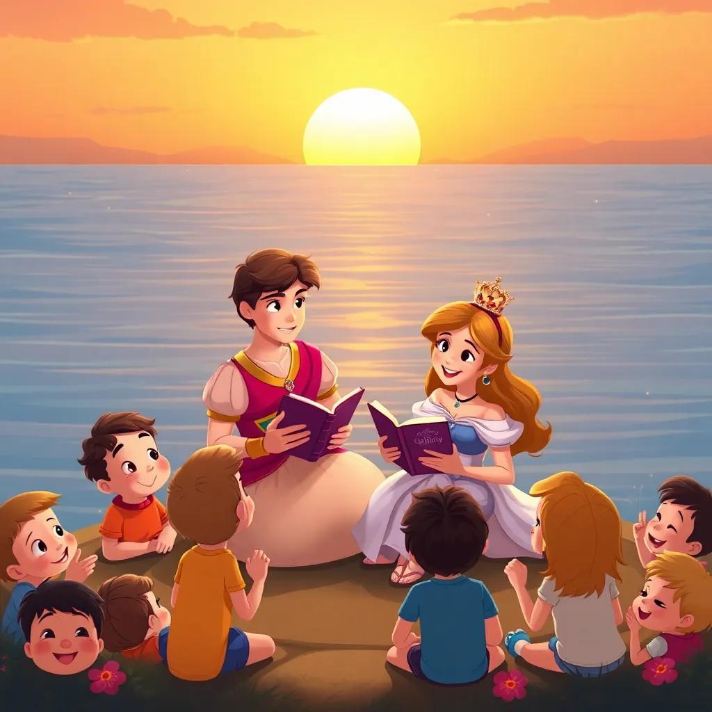 The princess and the prince sitting by the water, sharing stories with children around, joyful faces all around, sun setting in the background, warm-hearted scene, cheerful colors, family-friendly illustration, high quality