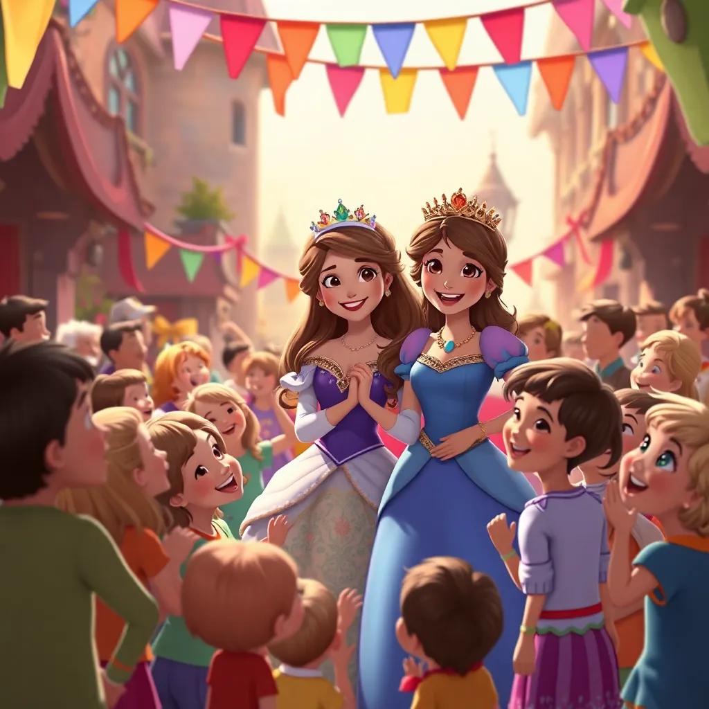 The princess helping her friends in the kingdom, children smiling and gathering around her, joyful laughter filling the air, bright colorful banners waving, festive atmosphere, digital art, uplifting and magical, high quality