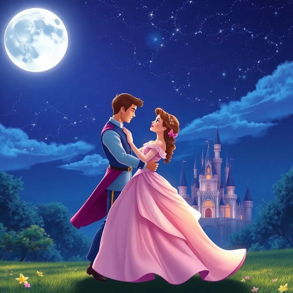 The princess and prince dancing together under the moonlight, surrounded by stars and the enchanting night sky, castle in the background, romantic and magical scene, vibrant colors, fairy tale theme, high quality