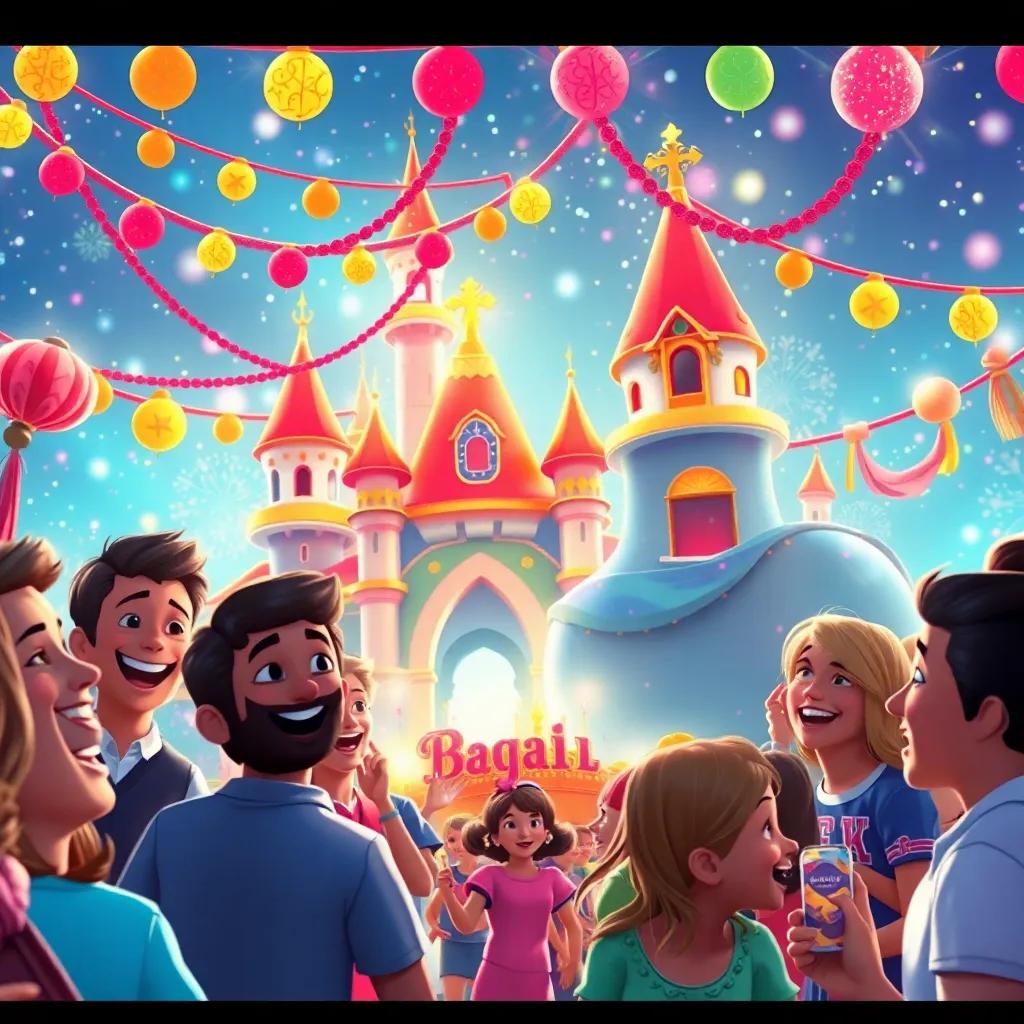 The cheerful kingdom enjoying a grand jubilee, people smiling and celebrating together, colorful decorations and lights in the air, joyful contrasts and harmony, vibrant and happy atmosphere, digital art, festive celebration, high quality