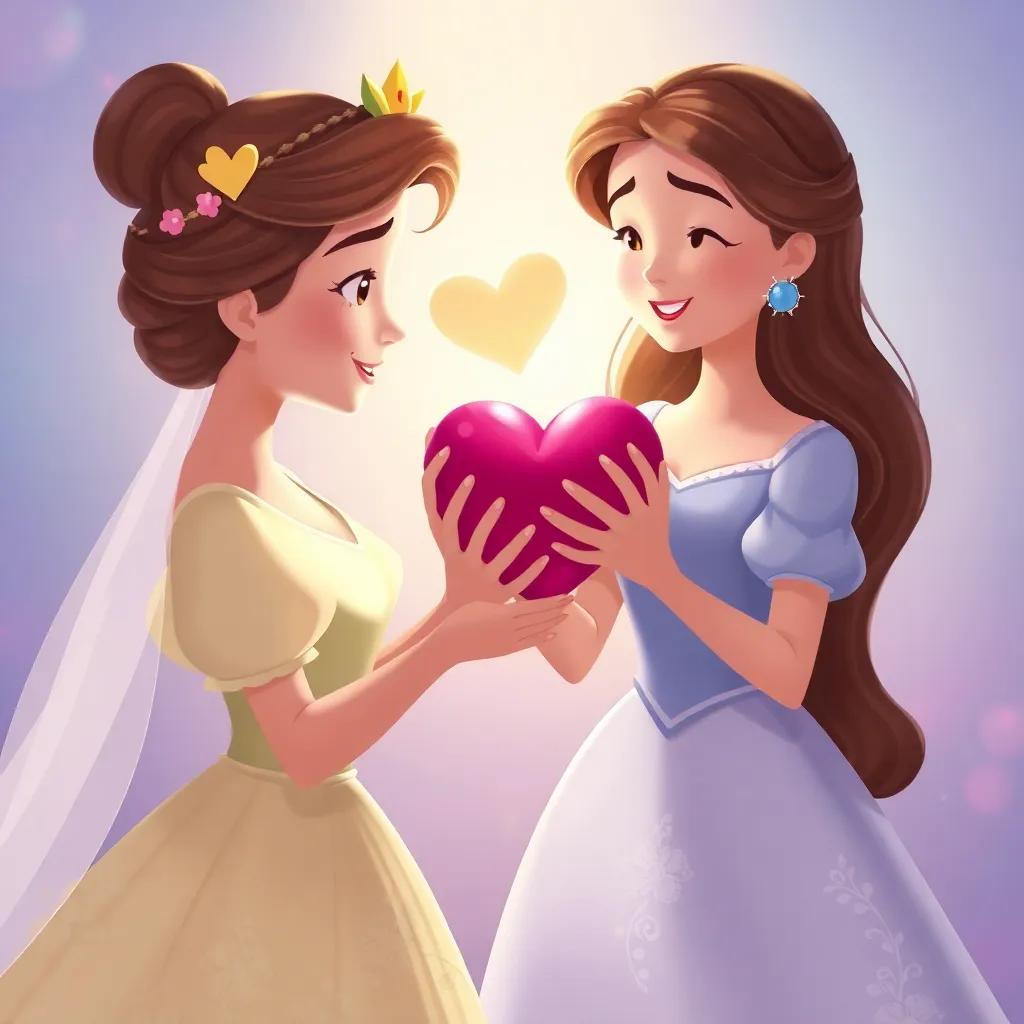 The princess holding her heart and helping others in need, showing kindness and compassion, illustrated with gentle colors and soft light, delightful scene of friendship and care, whimsical style, bright and heartwarming, high quality